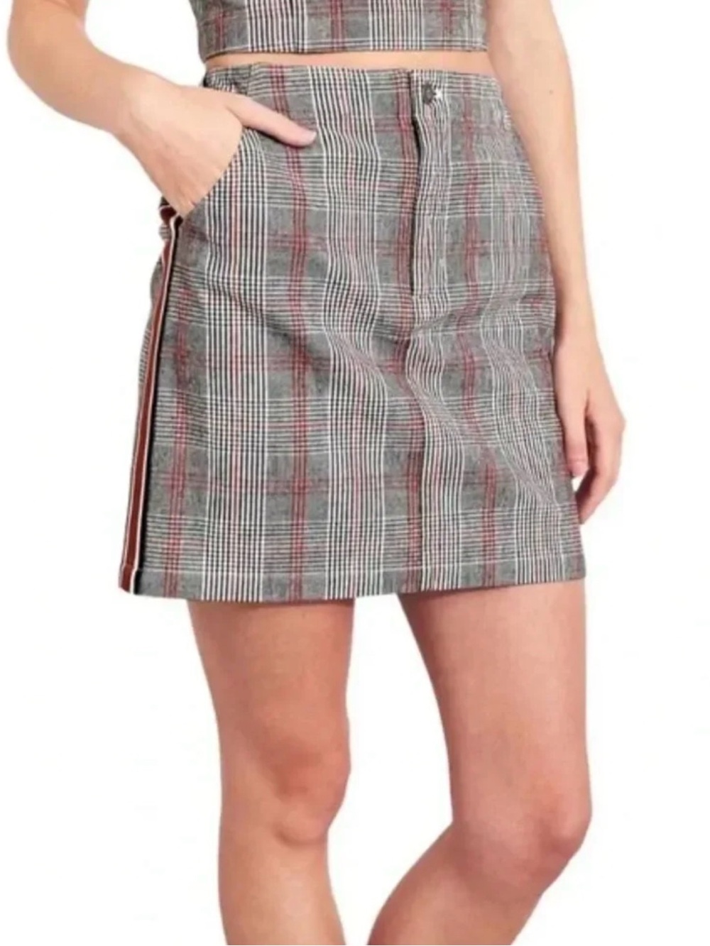 Hollister Plaid Mini Skirt Womens M Gray Red Side Stripe High Rise Y2K Preppy